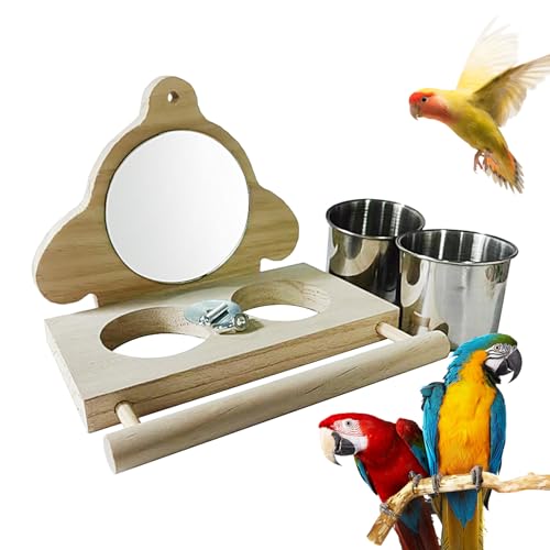 Parrot Perch Stand - Conure Food Feeder, Sturdy Climbing Branch, Mirror Feature, Water Cup Holder | Engaging Cage Toy Entertainm