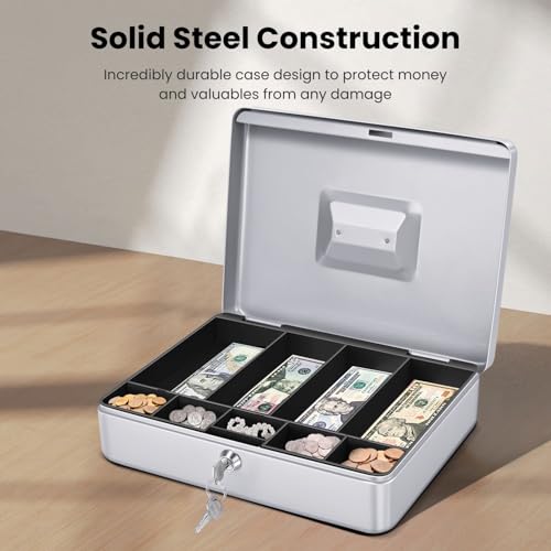 Flexzion Caixa de dinheiro SAFECash com bandeja de dinheiro e cadeado – Caixa de metal para pequenas