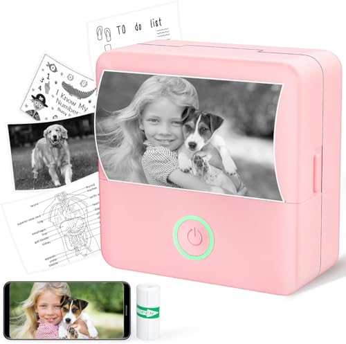Sticker Printer, Print Pods Mini Printer, Portable Thermal Inkless Sticker Maker Machine Bluetooth Pocket Print Pod with 1 Roll Paper for Photo, Study Notes, Receipt, Journals, DIY, Gifts, Pink