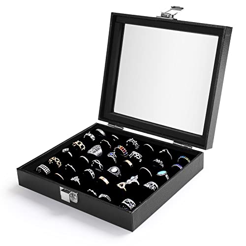 Pinkgarden Jewelry Storage Case, Black Gorgeous Transparent Rings Storage Box Jewelry Showcase Display Case Holder Tray for Women Girls (Black-36 Slots)