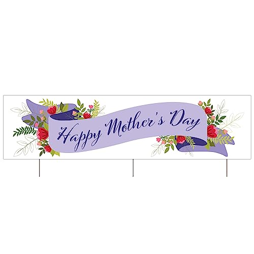 Beistle 11" x 3' 9.25" Corrugated Plastic Jumbo Happy Mother's Day Yard Sign with Metal Stakes, Best Mom Ever Decorations, Outdoor Lawn Décor, Made in USA Since 1900, Purple/Red/Green/Pink