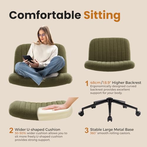 Image of IWMH Criss Cross Chair Cross Legged Office Chair with Wheels Armless Wide Seat Desk Chairs Height Adjustable Computer Task Chairs Swivel Vanity Chair for Home Office Bedroom Make Up Small Space Green