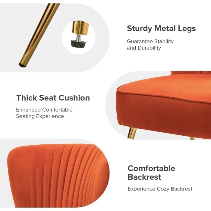 Image of Modern Upholstered Accent Velvet Chair Single Seater Channel Tufted Wing Back Chair with Golden Matel Legs for Living Room, Bedroom, Dining Room, Orange