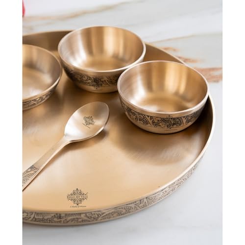Image of Indian Art Villa Bronze 6 Pcs Thali Set with Matt Embossed Design, Traditional Bronze Dinner Thali for Indian Meals, Festive Dining & Heritage Gifting, 11.5 Inch