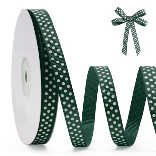 FAKILO Polka Dot Grosgrain Ribbon 3/8 Inch, 25 Yards Dark Green and White Dot Craft Ribbon for Christmas Gift Wrapping DIY Crafts Hair Bows Wedding Party Decor Sewing and Home Decoration