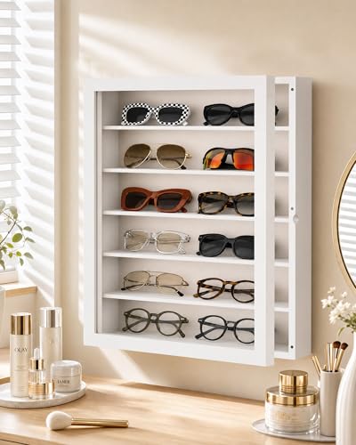 Image of TJ.MOREE Sunglasses Organizer Storage Wall Mounted: 13 x 15.6 inches Eyewear Display Case 6 Tier Rustic Wood Eyeglasses Holder Large Glasses Storage Box, White