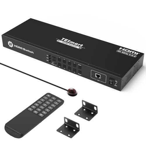 TESmart HDMI Switch 8 Port, 8x1 4K@60Hz HDMI Switcher, with EDID Emulator, RS232/LAN Port, HDCP 2.2, Auto Scan, Auto Detection, 8 In 1 Out Switch for 8 Computers with Rack Ears and IR Remote