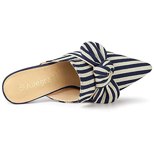 Allegra K Allegra K Women's Stripe Bow Pointed Toe Block Heel Blue Slides Mules 9 M US