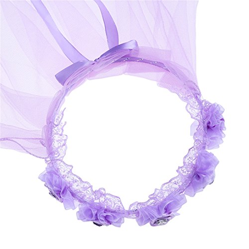Edtoy Girls Lace Veil Ribbon Floral Rose Hair Wreath Garland Wedding Hairband Flowers (Purple)3