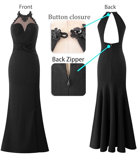Image of VFSHOW Womens Formal Halter Keyhole Back Prom Gala Maxi Dress Evening Gown | Sexy Illusion Sweetheart Neck, High Slit, Wedding Guest, Applique, Twist Front Mermaid Dresses