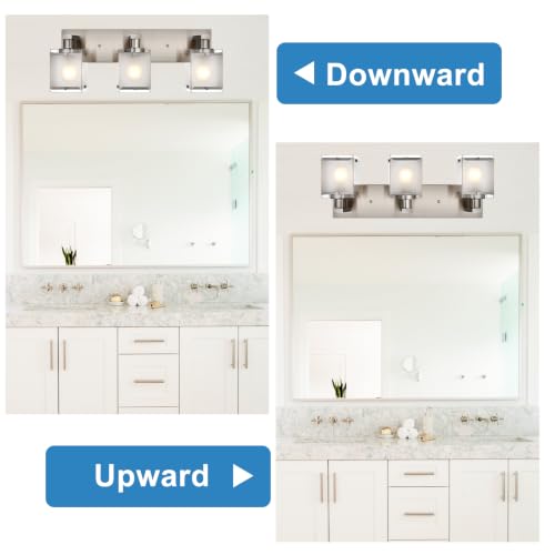 Image of 3-Lights Bathroom Vanity Light Fixtures, Modern Brushed Nickel Vanity Lights with Rectangular Frosted Glass Shade, Wall Sconce Lighting for Living Room Bedroom Kitchen, E26 Bulb Base
