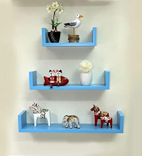 Image of DECORVISTA Wooden Handcrafted Wall Shelf Beautiful Floating Wall Racks Shelves Living & Bed Room Decor U Shaped Set of 3 (Multi) (Dark Blue)