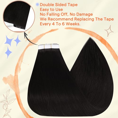 Image of Full Shine Tape in Weft Hair Extensions Human Hair, Natural Black 18 Inch | 90g 4 PCS, Hand Tied Tape in Hair Extensions Human Hair, Seamless Weft, Full Ends, Smooth Movement, Wedding Hairstyles