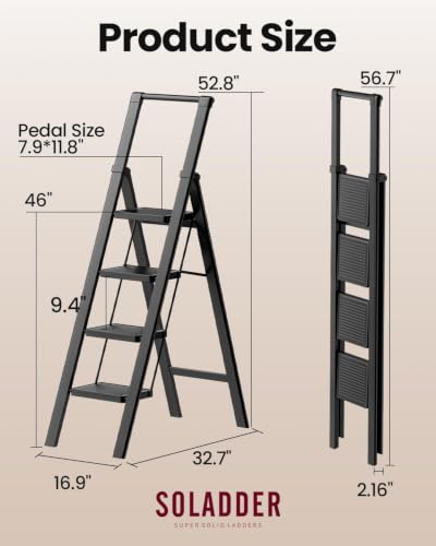 Image of SOLADDER 4 Step Ladder, Folding Step Stool, Lightweight Stepladder, Black | Reach 8ft;Anti-Slip 7.9'' Wide Pedal;Portable Handrail;Space-Saving;For Kitchen, Home, Library, Office Use;300lbs Capacity