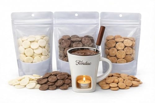 Blind Squirrel Nut Company Chocolate Fondue Gift Set – Yogurt, Milk Chocolate & Peanut Butter Wafers with Mug, Fork & Tea Lights