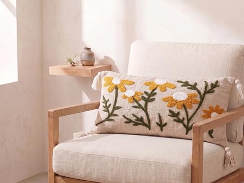 Image of Furnistitchs Boho Rectangle Cushion Cover 12x20 inches | Handmade Decorative Throw Pillow Case | Bohemian Home Decor Sofa Bed Cushion Cover Living Room Bedroom (2, Beige Floral Cuts, 12x20 inches)