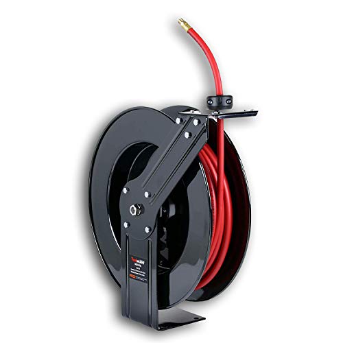 REELWORKS Air-Hose-Reel Tool Retractable 3/8" Inch x 65' Feet Pro Extra Long Premium Commercial Flex Hybrid Polymer Hose Max 300 PSI Heavy Duty Steel Construction Industrial Spring Driven