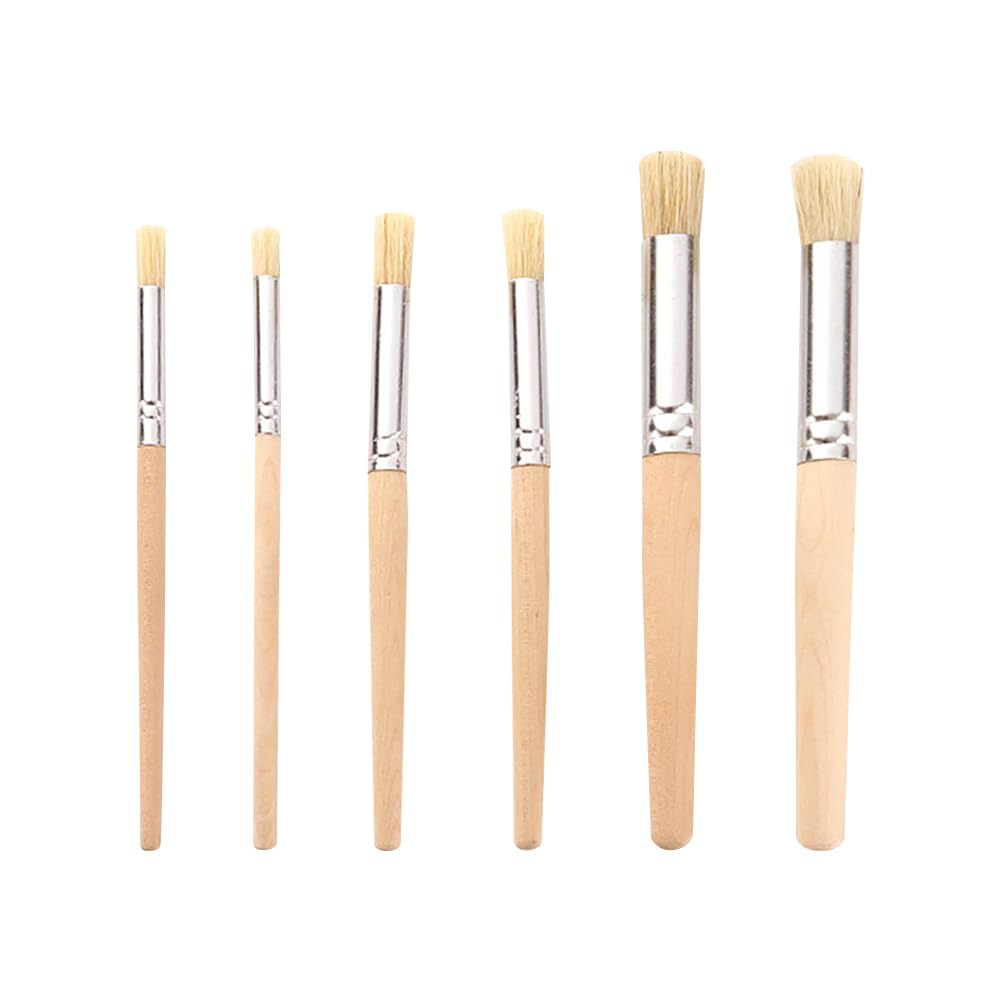 HugeDE 6 Pcs Wood Stencil Brushes Bristle Paint Brushes Wooden Handle Painting Brushes Round Tip Brushes Professional Artist Brushes Watercolor Drawing Brushes