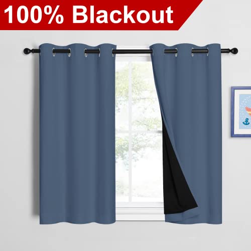 Image of NICETOWN Stone Blue 100% Blackout Curtains with Black Liners, Thermal Insulated Full Blackout 2-Layer Drapes, Energy Efficiency Window Draperies for Boy's Room (2 Panels, 42-inch W by 45-inch L)