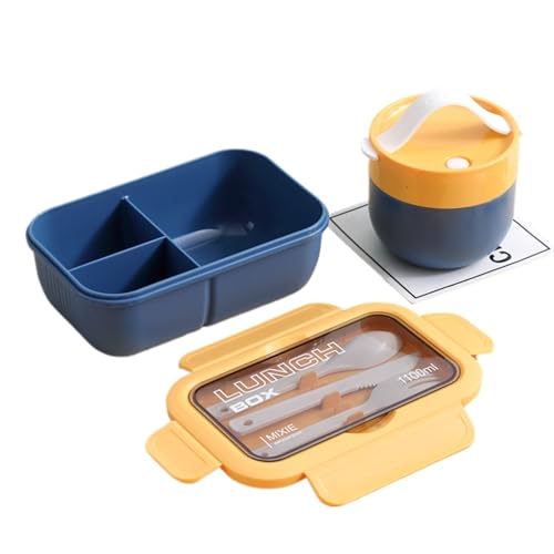 一段式日式弁当箱プラスチック製長方形1〜2人用電子レンジ対応仕切り付きふた付き漏れ防止軽量通学通勤弁当グッズ (ファッションブルー3グリッドランチボックス+スープカップ)