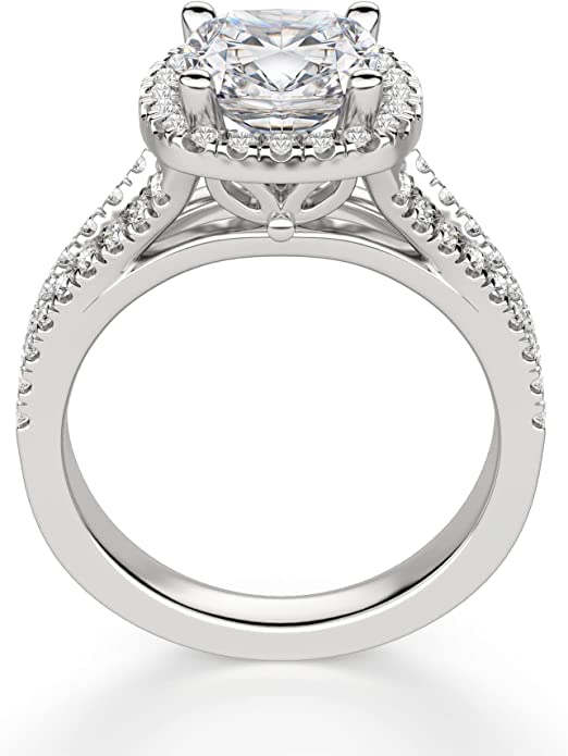 2.5 Ct t.w. Cushion Cut Classic Halo Style Pave Set Round Shape Diamond Split Shank Engagement Ring with a 1.5 Ct Forever Brilliant Cushion Moissanite Center D Color VVS1 925 Sterling Silver 14K White Gold Over2