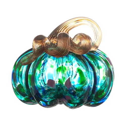 ORRFIDDY 4.7 Hand-Blown Glass Pumpkin Halloween Decor Fall Home Figurines Collectible Harvest Thanksgiving Wedding & Autumn Mantel Decorations Paperweight Tabletop Ornaments(Blue Green)