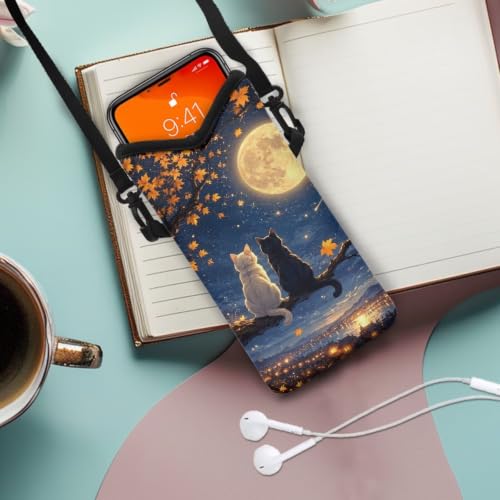 Image of Travel Crossbody Cell Phone Purse Waterproof Mini Smartphone Shoulder Bag Lightweight Cellphone Bag for Phone, Keys, Power Bank, 8 x 4 inch, Cat Moon Night Pattern
