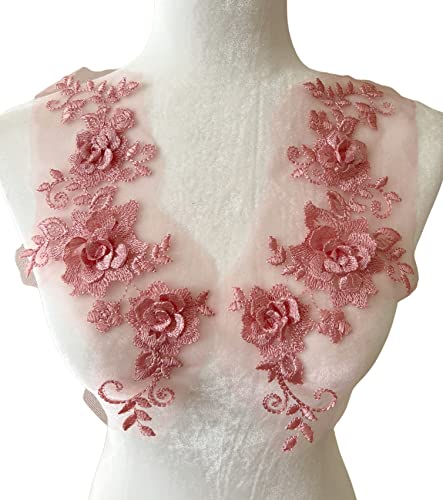 Pepperlonely 1 Pair Lace Big 3D Flower Wedding Dress Patch Embroidered Sew On Applique Lace Trim, 28 X 13Cm, Dusty Rose #TOP6