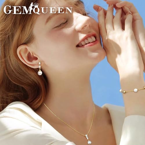 GEMQUEEN 14K Gold Plated Pearl Jewelry Set for Women - 925 Sterling Silver Post Dangle Earrings Dainty Pearl Necklace Bracelet Wedding Jewelry Sets for Bride Bridesmaid CZ Costume Accessories Trendy - Image 6