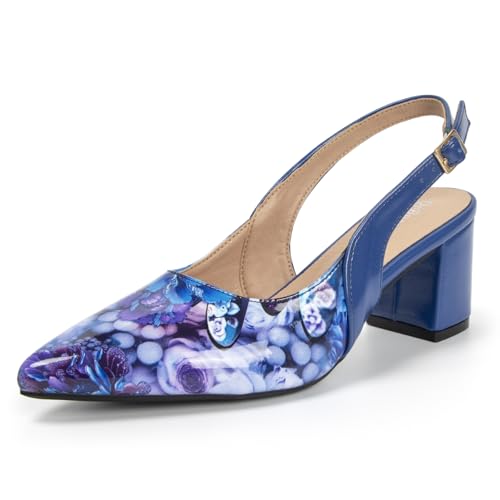 Ladies Sexy Pointy Toe Two Tone Heels 2.3 Inch Low Block Sling Back Pumps Comfortable Closed Toe Dress Shoes for Women Work Office Wedding Prom Noiseless Sole Option