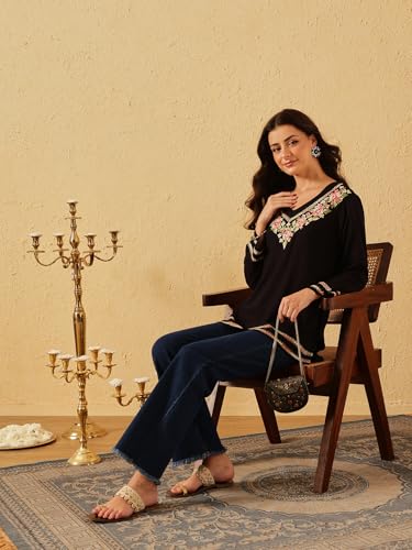 Image of QAZMI Women's Floral Aari Embroidered Viscose Rayon V-Neck Full Sleeves Short Kurti