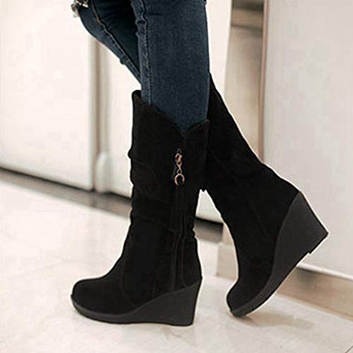 MIOKE Women's Wedge Slouch Mid Calf Boots Suede Round Toe Wide Width Platform High Heel Tassel Dress Boots4