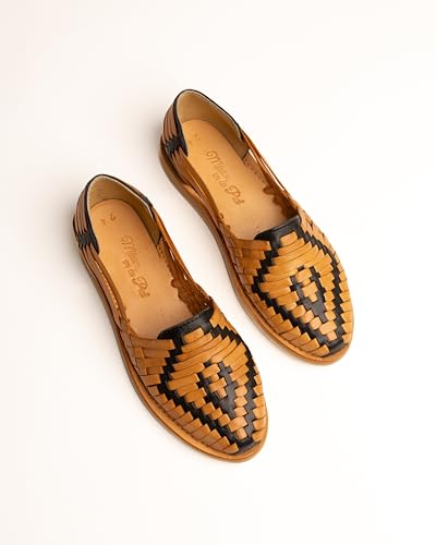 Mexico en la Piel Women's Huarache Sandals - Genuine Leather, Handcrafted Slip-On Flats with Two-Tone Interwoven Design, Lightweight, Comfortable3