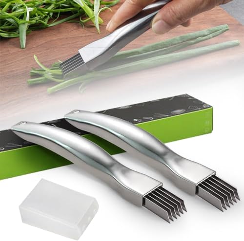MisFun 2 Pièces Shred Silk The Knife, Nouveau Coupe-oignon 2024 Avec Trou de Suspension, Coupe Oignon Déchiqueter La Soie Le Couteau, Couteau À Oignon Vert Coupe-oignon En Acier Inoxydable Couteau