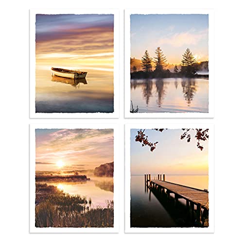 Color Play Lake Scene Wall Art Sunset Pictures Nature Landscape Prints Boat Wood Dock Artwork for Living Room Bedroom Office Decor UNFRAMED 8x10 Inch 4 piece
