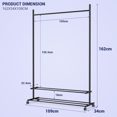 Image of Lukzer Single Rod Metal Garment Rack with Wheels & 2 Bottom Shelves, Portable Clothes Stand /Coat Hanger Rack with Shoe Storage for Bedroom, Entryway & Open Wardrobe (Black /109x34x162 cm)