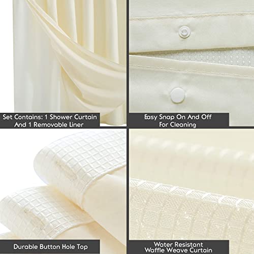 Dainty Home Waffle Weave Long Shower Curtain Liner Ivory 70" x 72" Fabric Snap-in Liner Mesh See Through Top Waterproof Fabric Shower Curtain - Image 2