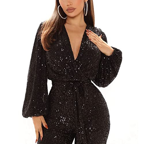 Dawwoti Macacões femininos com gola em V e lantejoulas para festa preto manga longa solto com laço f