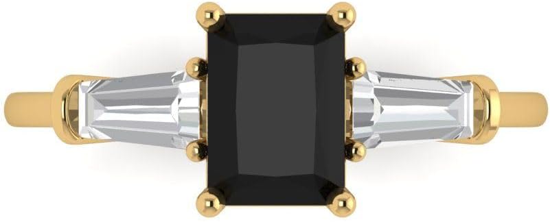 Clara Pucci 14K Solid Yellow Gold 1.5 ctw Onyx Three-Stone Ring for Women | Anniversary, Birthday Gift | 7.0x5.0mm Emerald Cut