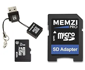 MEMZI PRO 16GB Class 10 90MB/s Micro SDHC Memory Card with SD Adapter and Micro USB Reader for Alcatel Idol Series Cell Phones