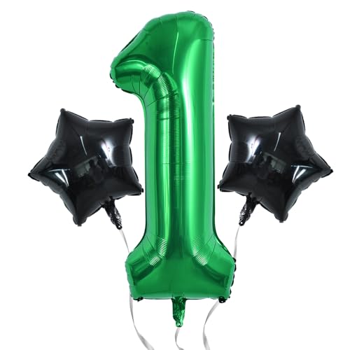 Image of TONIFUL 32 Inch Soccer Balloons Set 1st Birthday Decoration Green Number 1 Foil Soccer Balloon Black Star Balloons for Children's Boys Birthday Party Football Themed Party Supplies