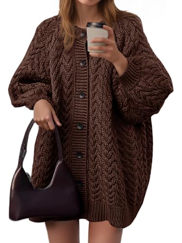 Saodimallsu Womens Cable Knit Cardigans Oversized Chunky Button Down Long Lantern Sleeve Crew Neck Warm Sweater Dress Coffee