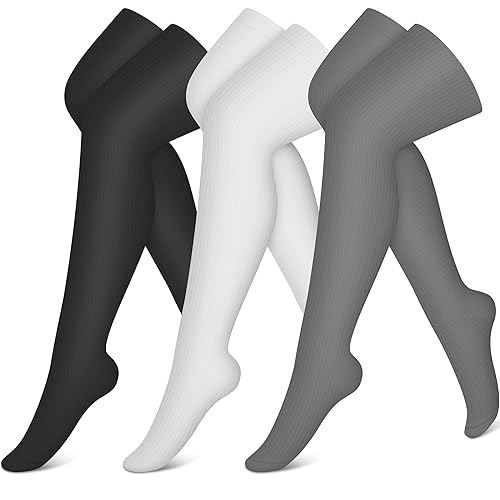 CHARMKING 3 Pairs Thigh High Compression Socks for Women and Men 15-20 mmHg Boost Circulation and All Day Comfort (S/M, Black/White/Grey)