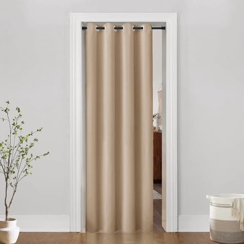 PANELSBURG Paneles de cortina opaca para puerta de color madera para divisor de habitación, entre cocina/sala de estar o dormitorio/baño, cubierta de puerta de acordeón sintético retráctil para puerta