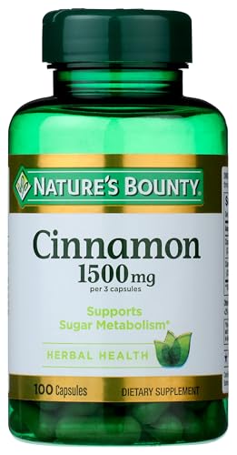 Nature's Bounty Cinnamon Capsules, Herbal Supplement, Supports Sugar Metabolism, 1500mg, 100 Capsules