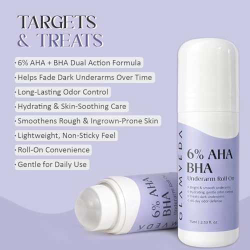 Image of Glamveda 6% AHA BHA Underarm Roll On for Dark Underarms | Brightening & Exfoliating Formula | Long-Lasting Odor Control | Niacinamide & Panthenol Hydration | Smooth Skin | 75ml | Pack of 2