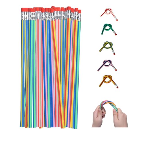 QDXATIVP 40PCS Bendy Fun Pencils for Kids,Magic Bendable Flexible Colorful Stripe Soft Rubber Pencils with Erasers for Classroom Gifts,Goodie Bag Fillers,Back to School Supplies(colored stripes)