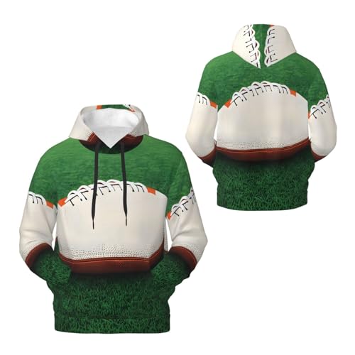 Men's Fleece Pullover Hoodies, White Rugby Ball Printed Casual Drawstring Hooded Sweatshirts3