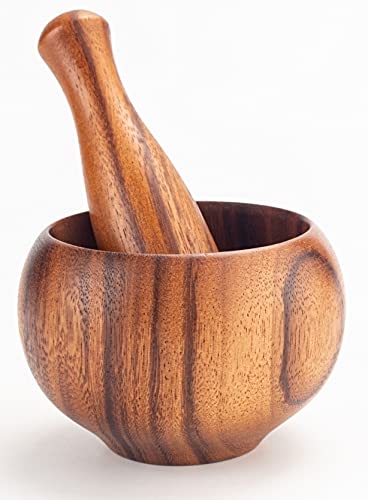 Mortero Y Maja De Madera De Acacia Artesanal | Ideal Para Moler Ajo, Hierbas, Nueces, Fácil De Limpiar, Tamaño 10x10 Cm
