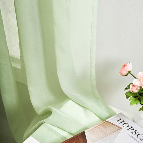 Image of MYSTIC-HOME Extra Wide Sheer Curtains Green 84 Inches Long, Window Treatments Rod Pocket Drapes for Living Room, Bedroom, 108 in Width Semi Sheer Curtains for Yard, Villa, Parlor, 108 inchx 84 inch, 2 Panels